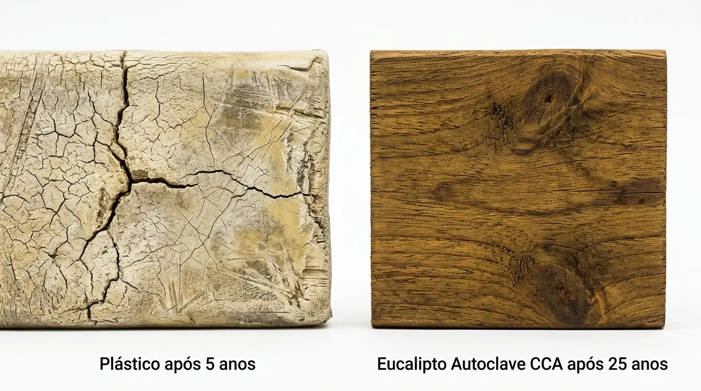 Comparativo de durabilidade entre playground de madeira eucalipto autoclavada PHD e playground de plastico ao longo de 20 anos