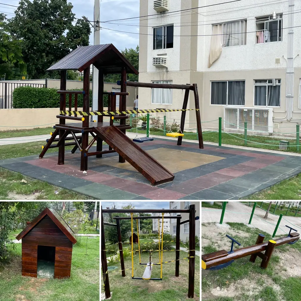 Playground completo instalado em condomínio com piso de borracha e documentação técnica completa