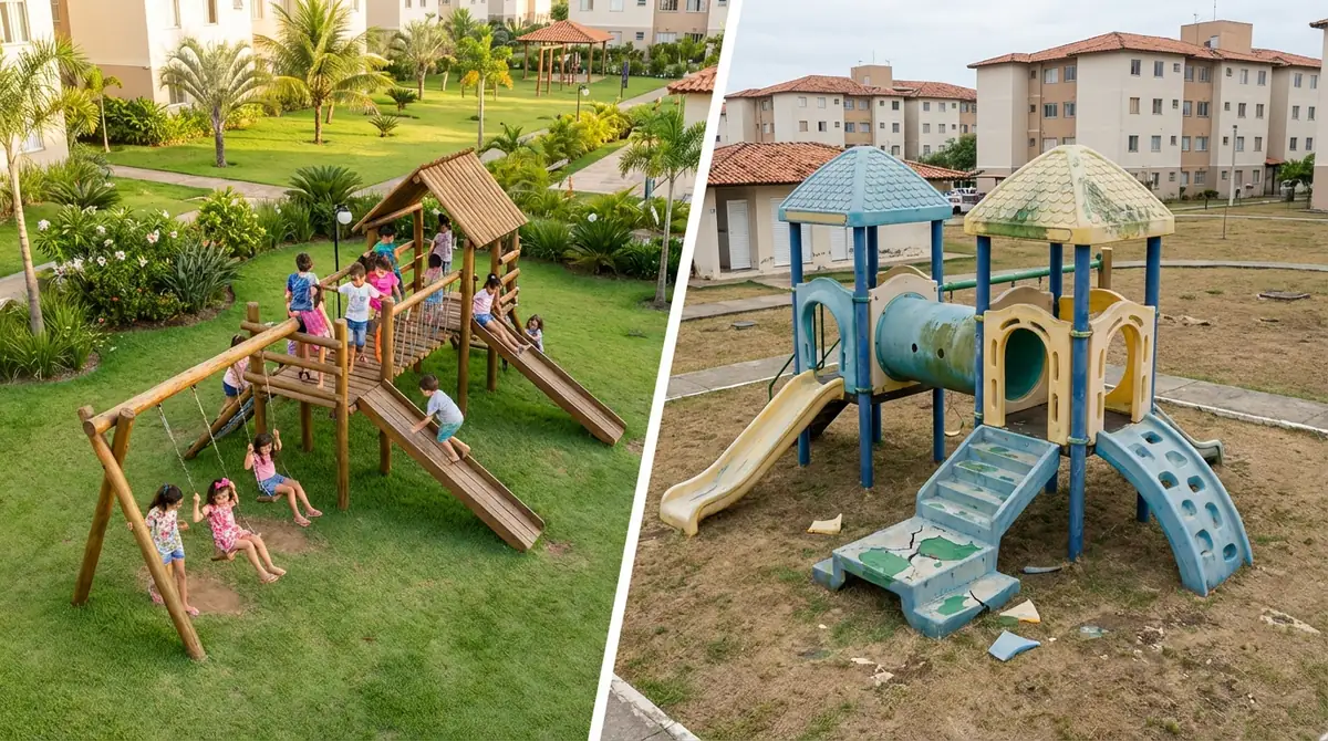 Comparativo visual: playground de eucalipto com crianças brincando em gramado verde vs playground de plástico desbotado e vazio