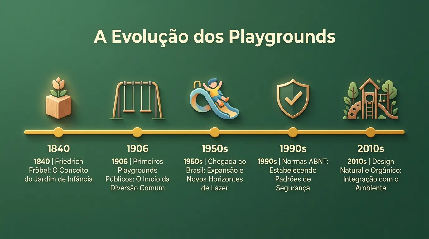 Timeline visual com 6 etapas do processo de construção e instalação de playground da PHD Playground