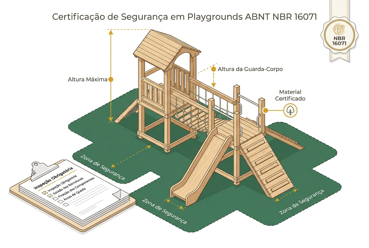 Playground seguro conforme ABNT NBR 16071: síndico fazendo checklist de normas de segurança