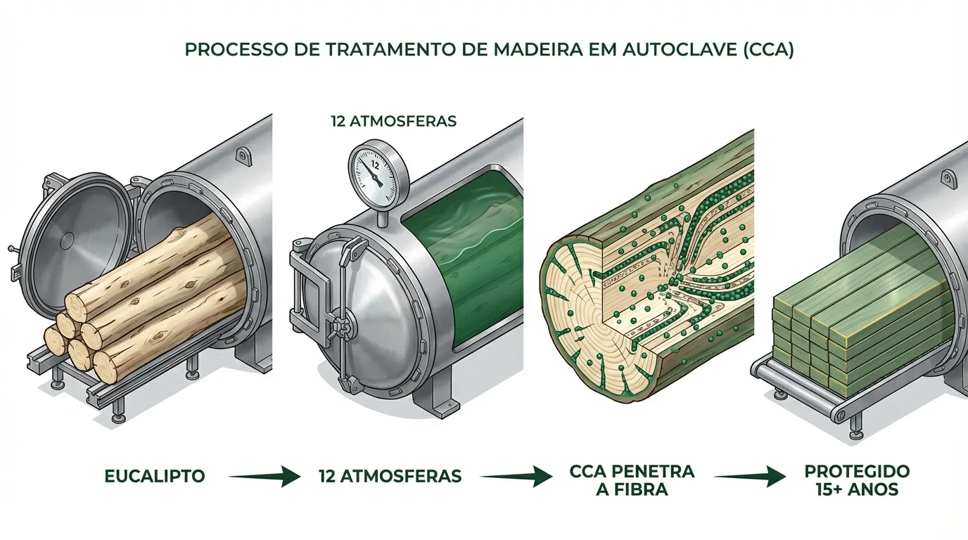 Processo de tratamento autoclave CCA do eucalipto