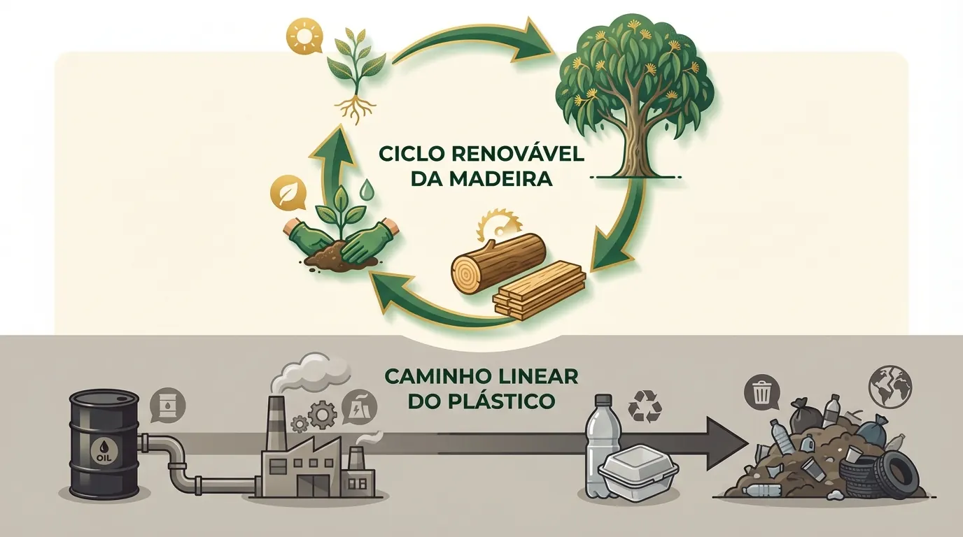 Diagrama comparativo: ciclo renovável do eucalipto de reflorestamento vs caminho linear do plástico petroquímico até o descarte