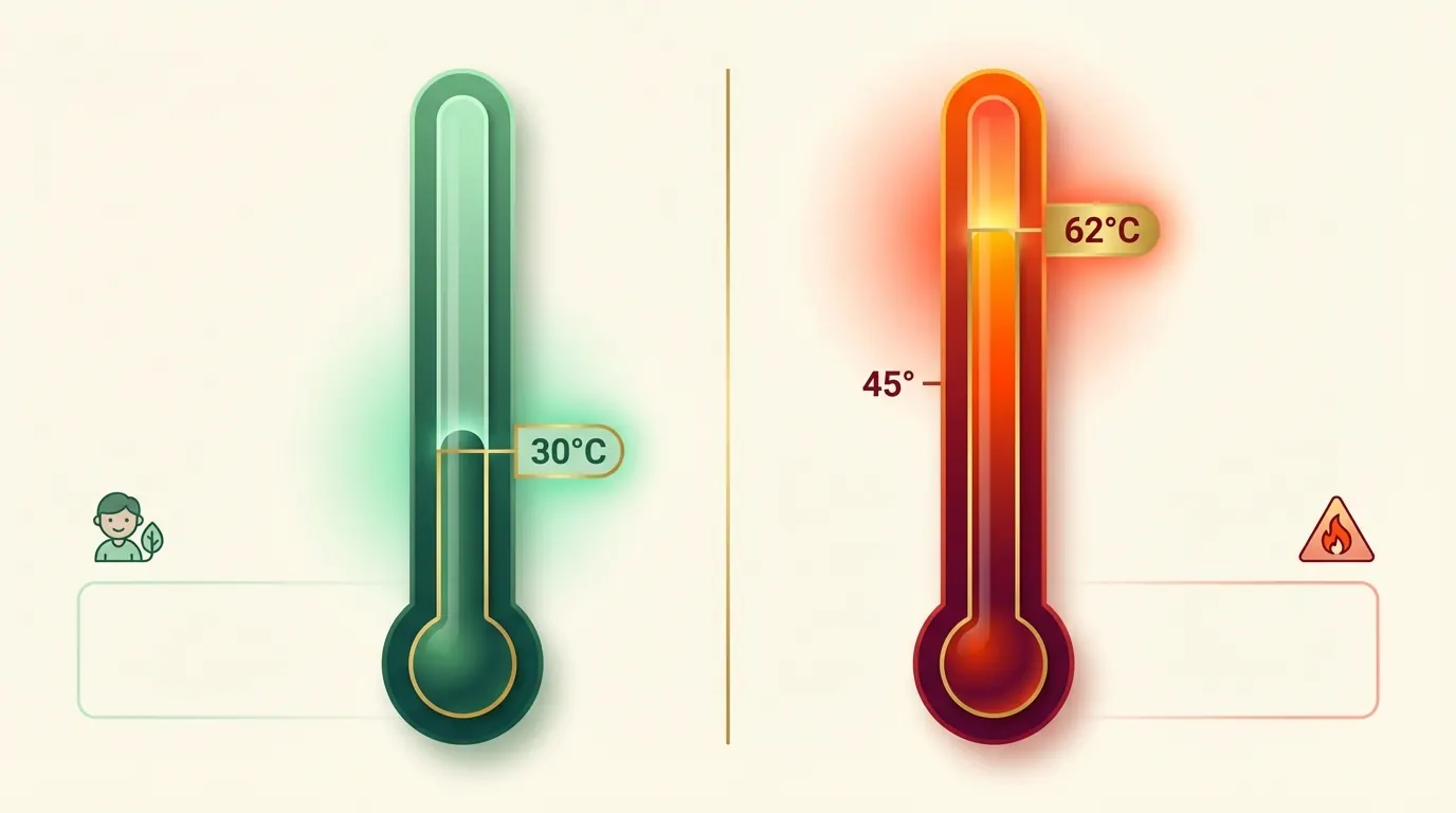 Infográfico comparativo de temperatura: eucalipto 30°C zona segura vs plástico 62°C zona de risco acima de 45°C