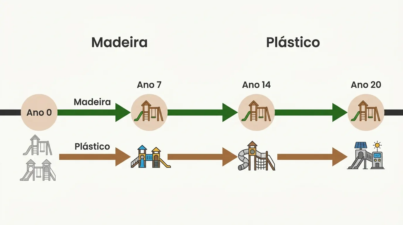 Timeline comparativa: eucalipto PHD dura 20+ anos versus 3 trocas de playground de plástico no mesmo período