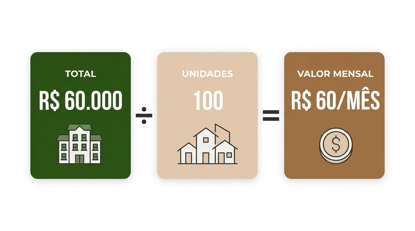 Cálculo visual de rateio de playground em condomínio: R$ 60 mil dividido por 100 unidades equivale a R$ 60 por unidade por mês