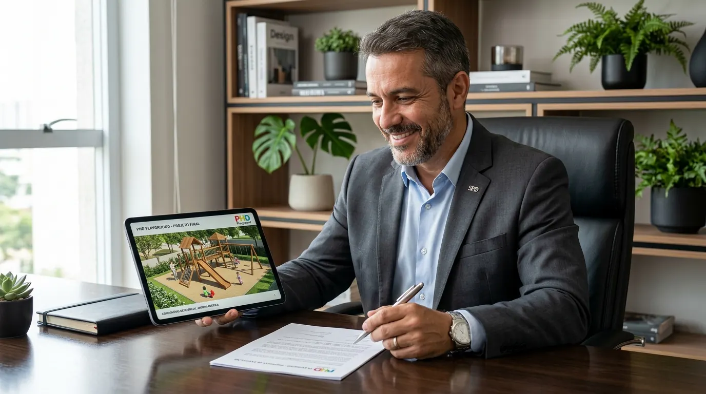 Síndico apresentando proposta de playground com documentação ABNT NBR 16071 em assembleia de condomínio