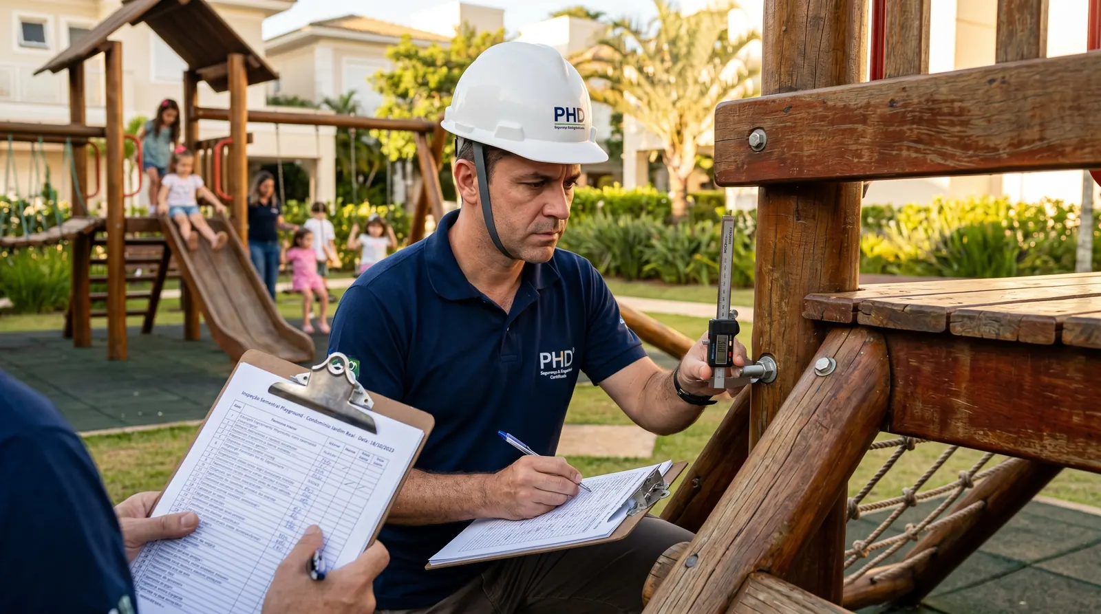 Técnico realizando inspeção e vistoria anual de playground conforme NBR 16071-4, com laudo técnico documentado